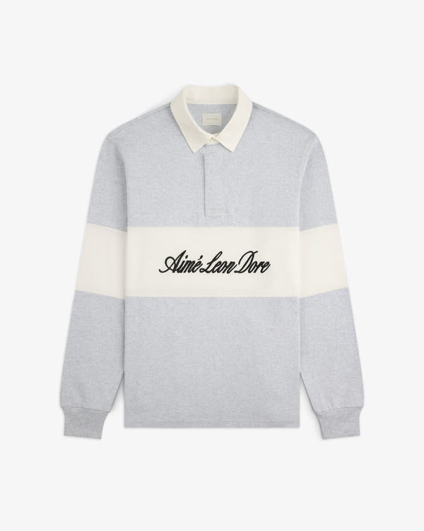 Light gray Script Paneled Rugby with white collar and stripe, featuring Aimé Leon Dore text across the chest.