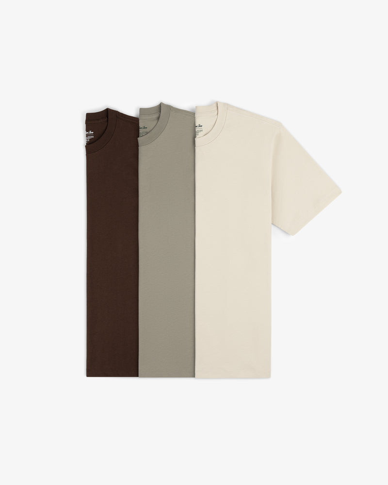 Three Multi-Color T-Shirt 3-Pack tees in brown, gray, and beige are laid out side by side on a white background.