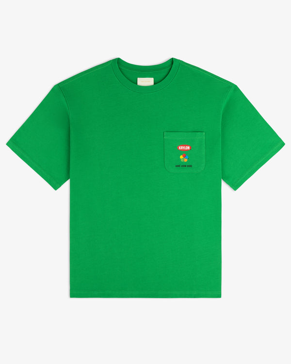 Krylon Pocket Tee in bright green with a chest pocket, MAYLEN text, and a yellow-red flower graphic.