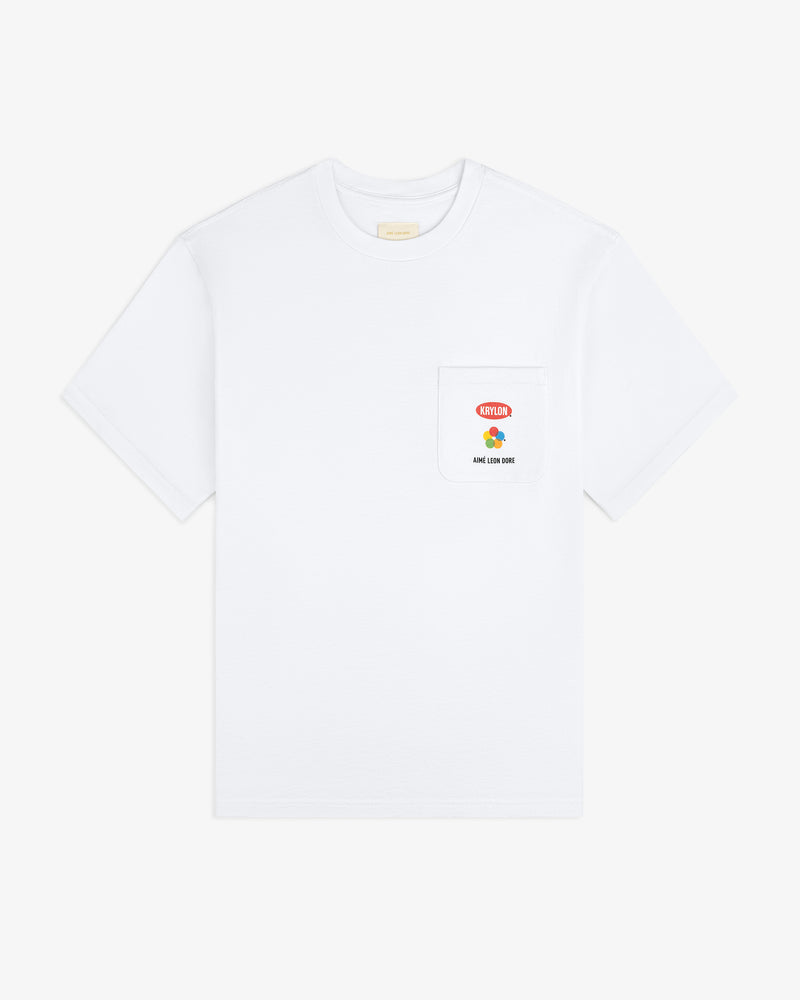 Krylon Pocket Tee: White short-sleeve shirt with a chest pocket, small red & yellow graphic, and text.