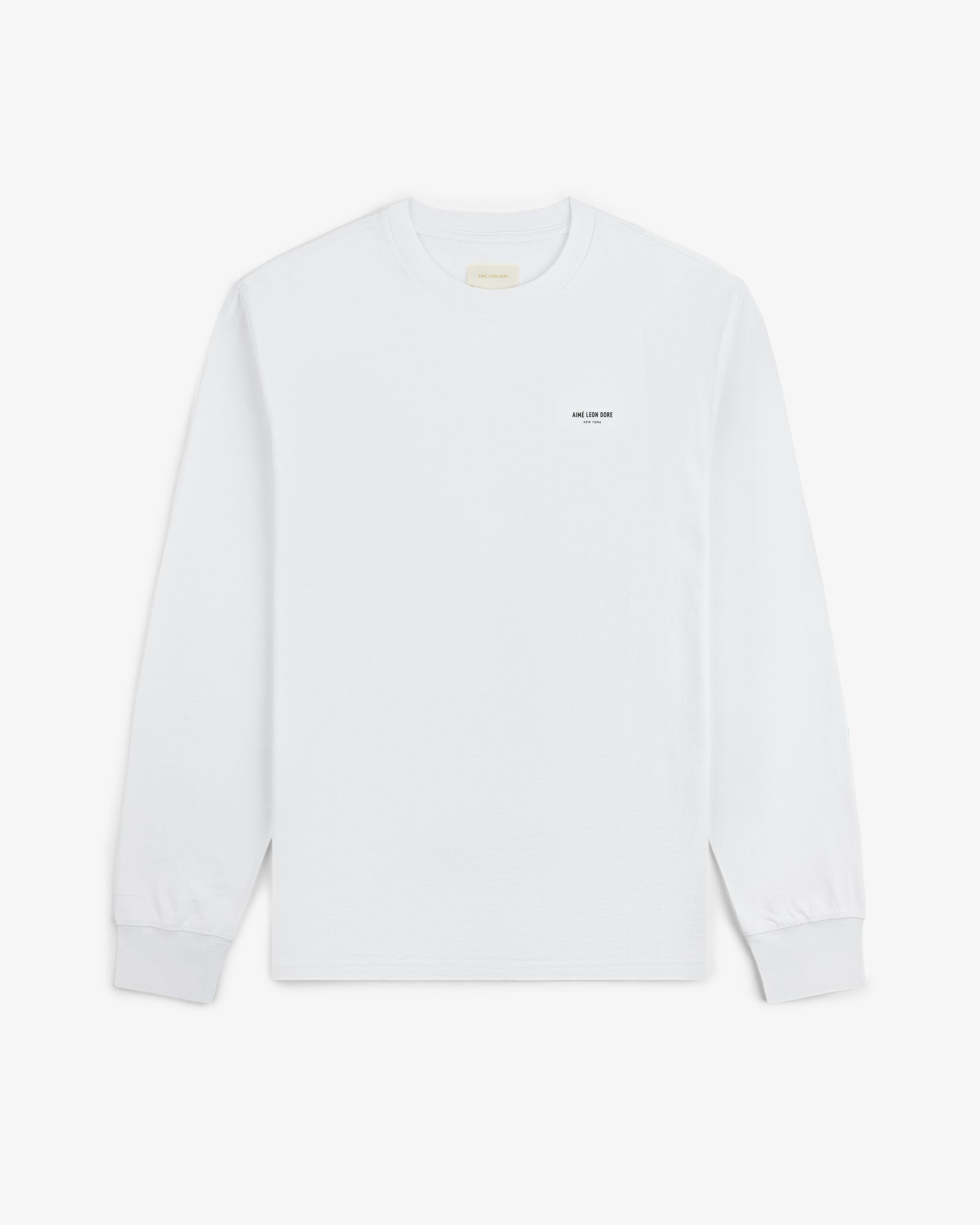 Long-Sleeve Micro Logo Tee in white with small black left-chest text, shown flat on a white background.