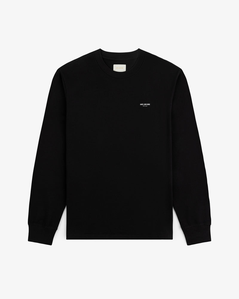 Long-Sleeve Micro Logo Tee in black, featuring a small white logo on the upper left chest, laid flat on white.