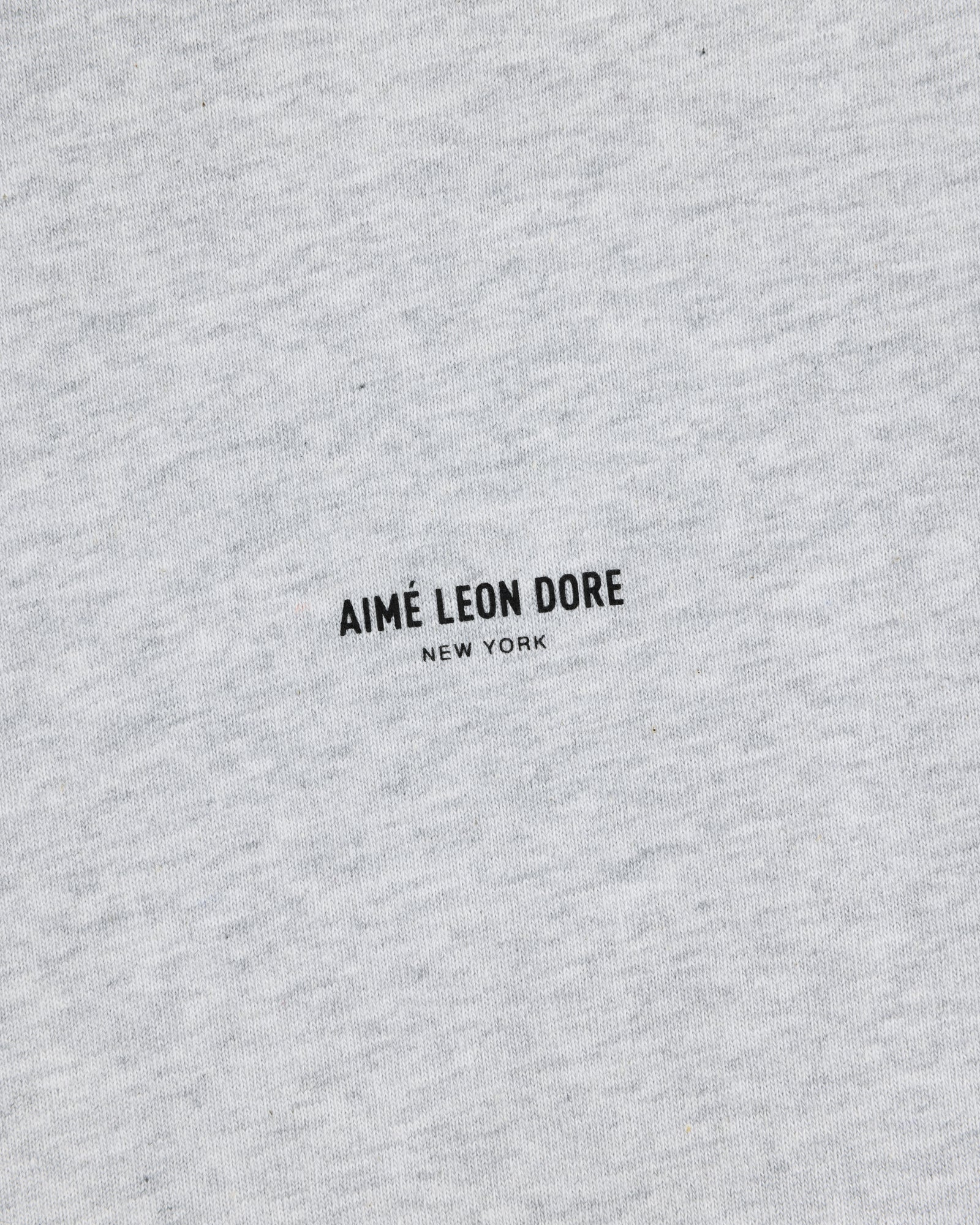 Close-up of the Long-Sleeve Micro Logo Tee in light gray with AIMÉ LEON DORE NEW YORK printed in small black letters.