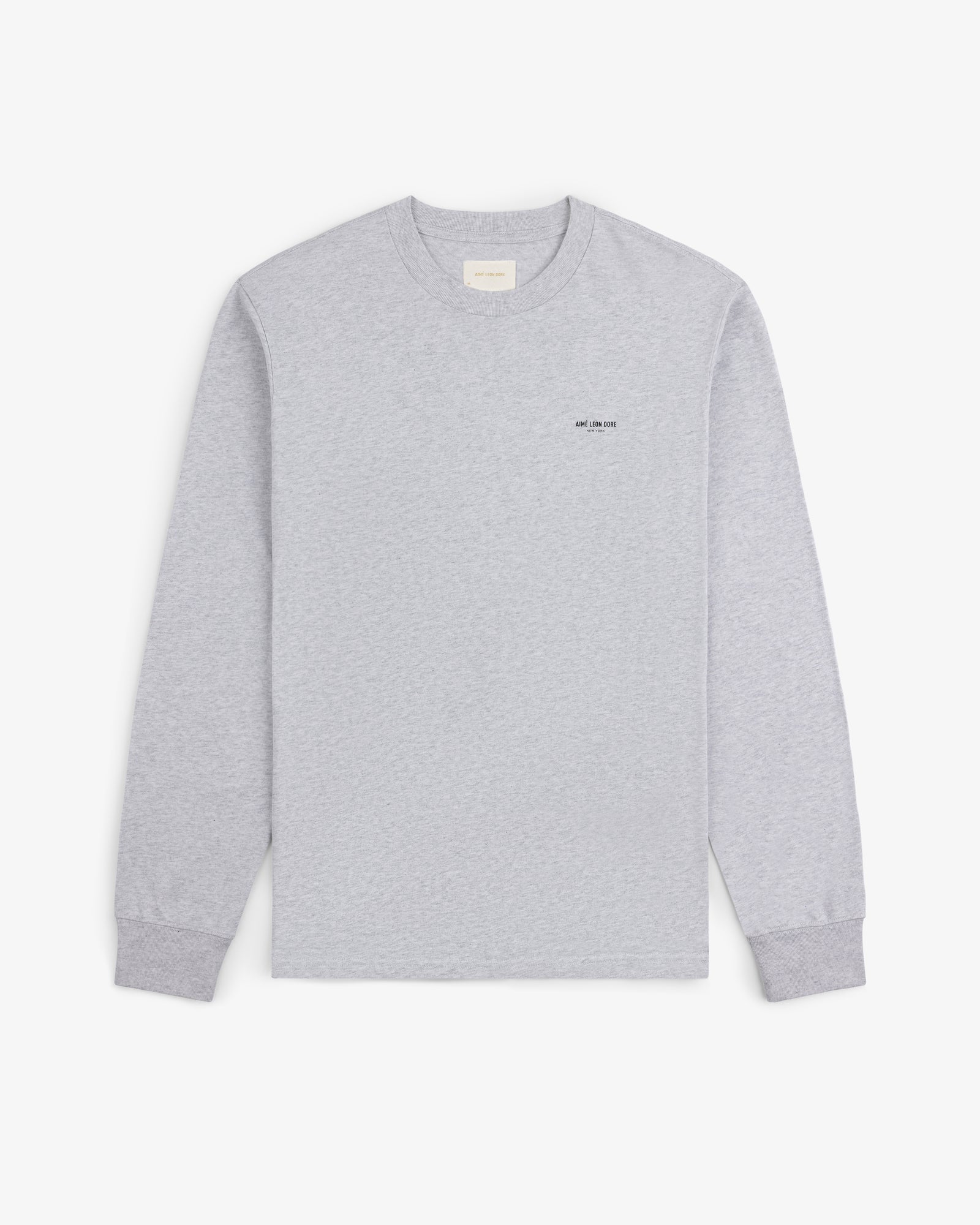Light gray Long-Sleeve Micro Logo Tee with small left chest text, laid flat on a white background.