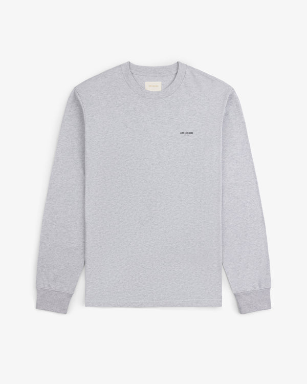 Light gray Long-Sleeve Micro Logo Tee with small left chest text, laid flat on a white background.