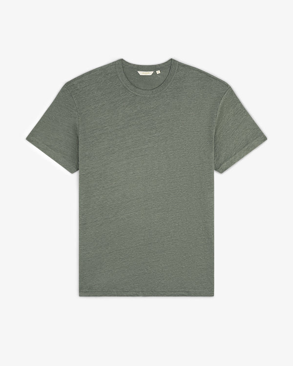 Flat lay of a plain Linen Tee, short-sleeve crew neck, in heathered olive green on a white background.