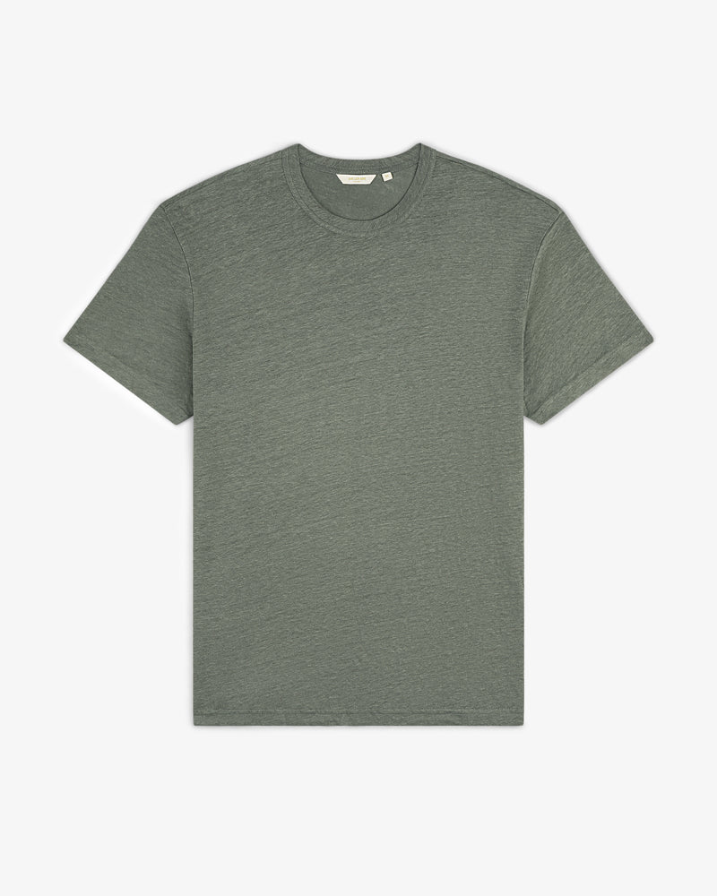 Flat lay of a plain Linen Tee, short-sleeve crew neck, in heathered olive green on a white background.