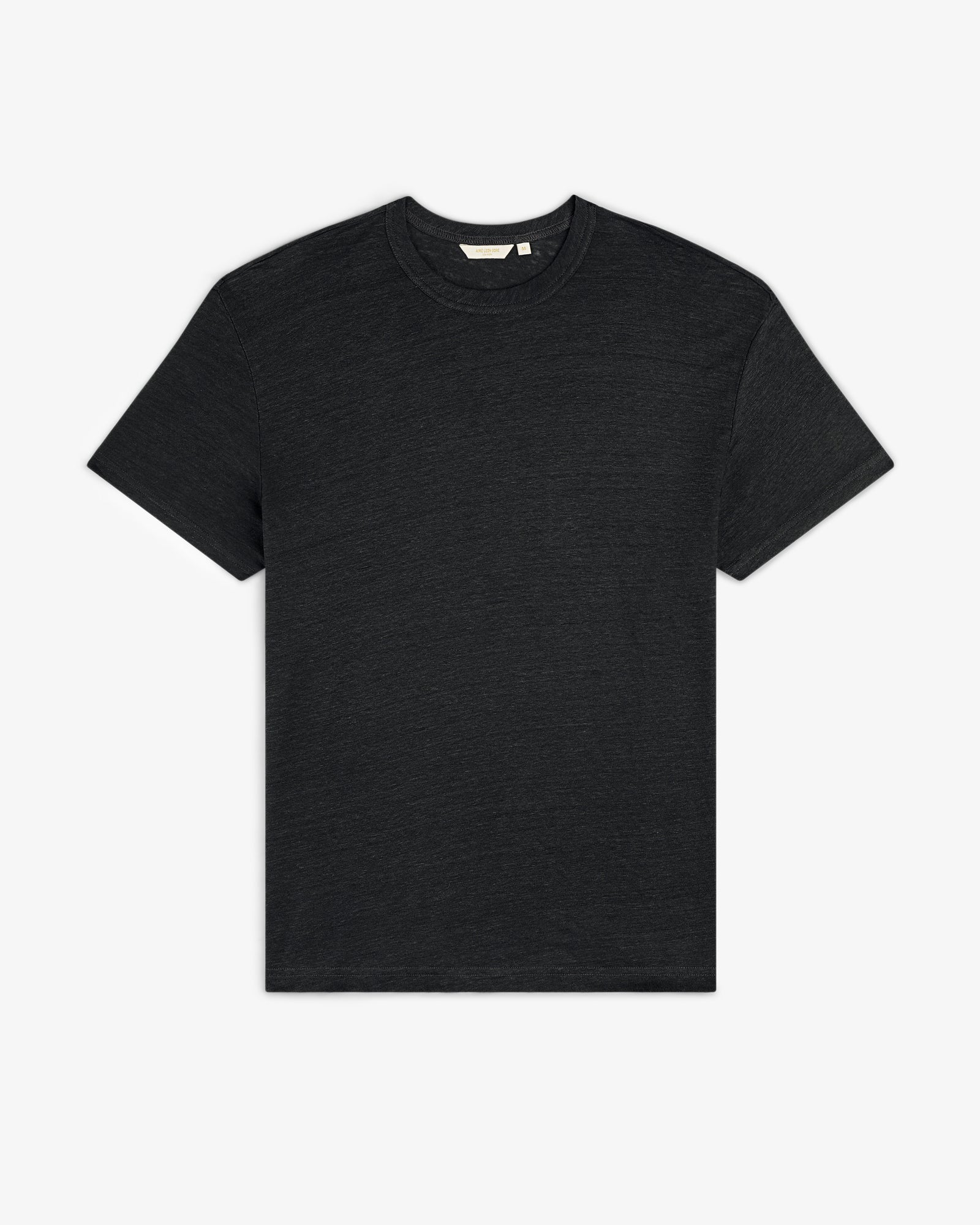 A black, short-sleeve Linen Tee with a crew neck is laid flat on a white background.