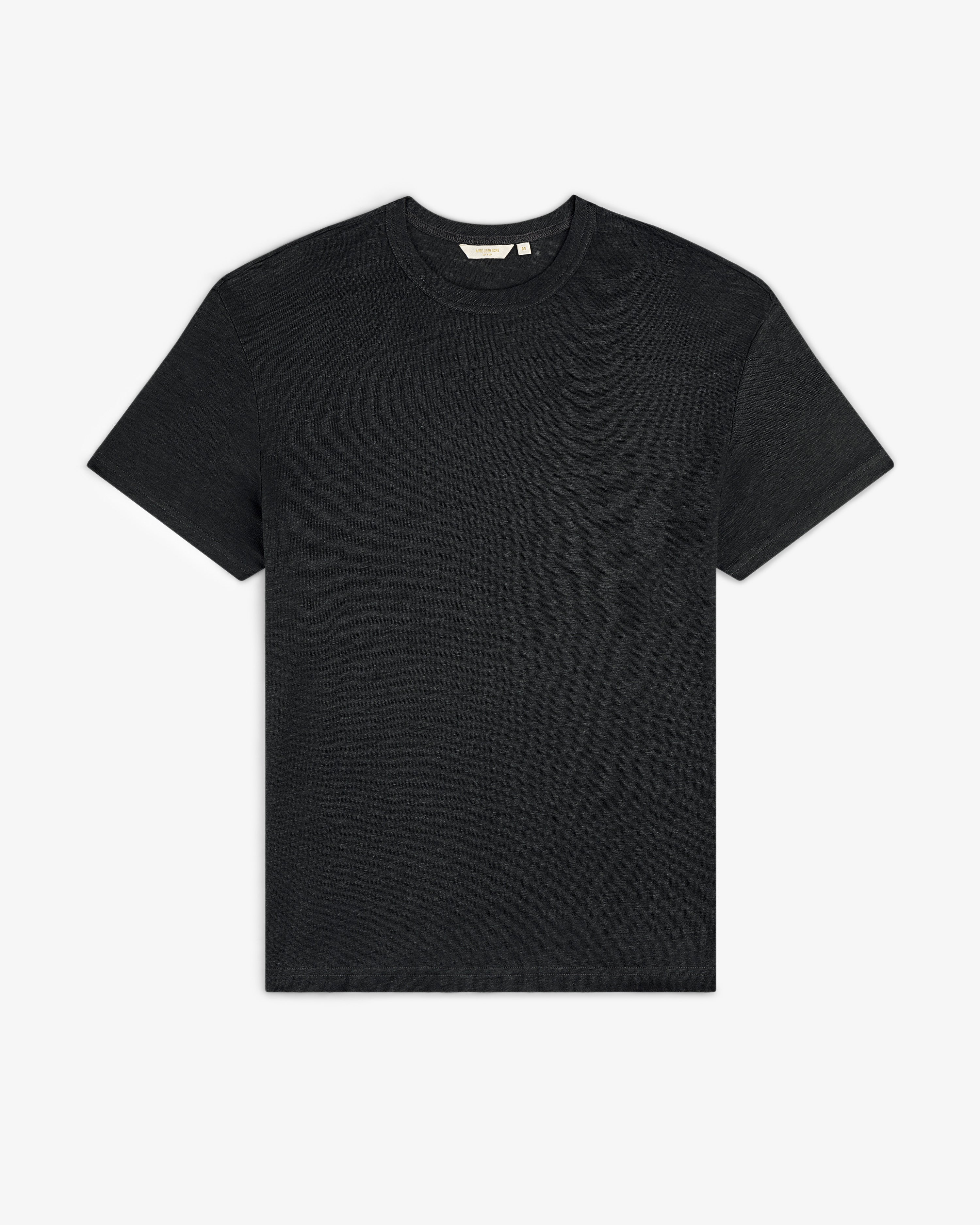 A black, short-sleeve Linen Tee with a crew neck is laid flat on a white background.