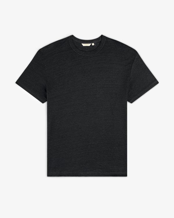 A black, short-sleeve Linen Tee with a crew neck is laid flat on a white background.