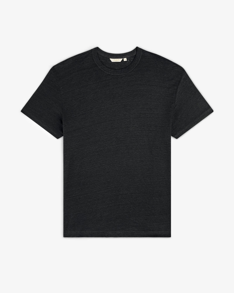 A black, short-sleeve Linen Tee with a crew neck is laid flat on a white background.