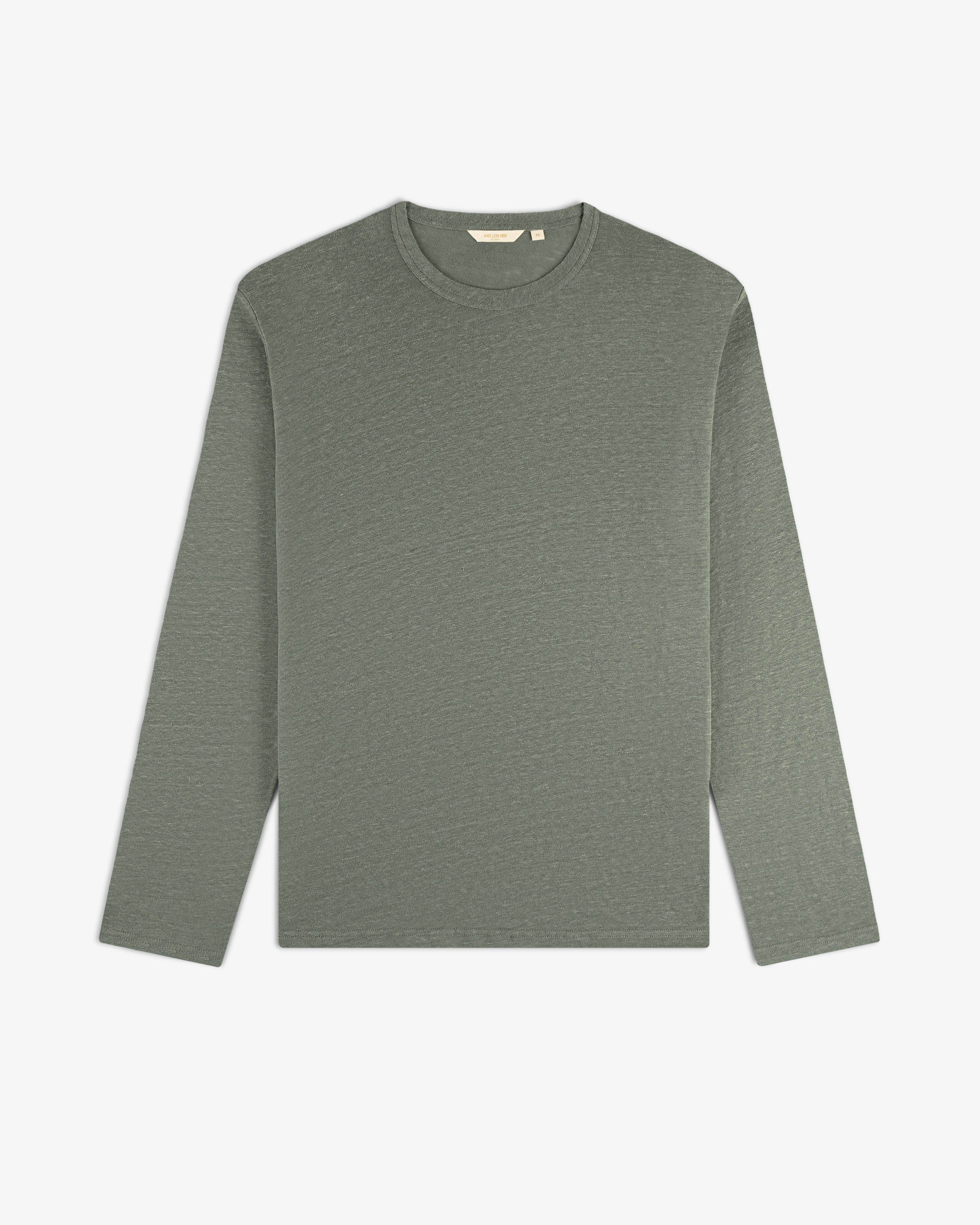 Long-Sleeve Linen Tee in muted green, crew-neck style, shown flat on a white background.