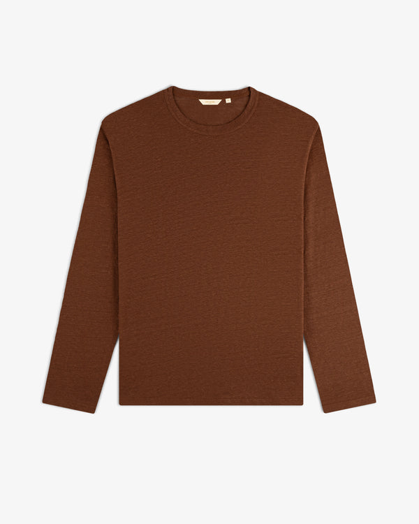 Long-Sleeve Linen Tee in brown laid flat on a white background.