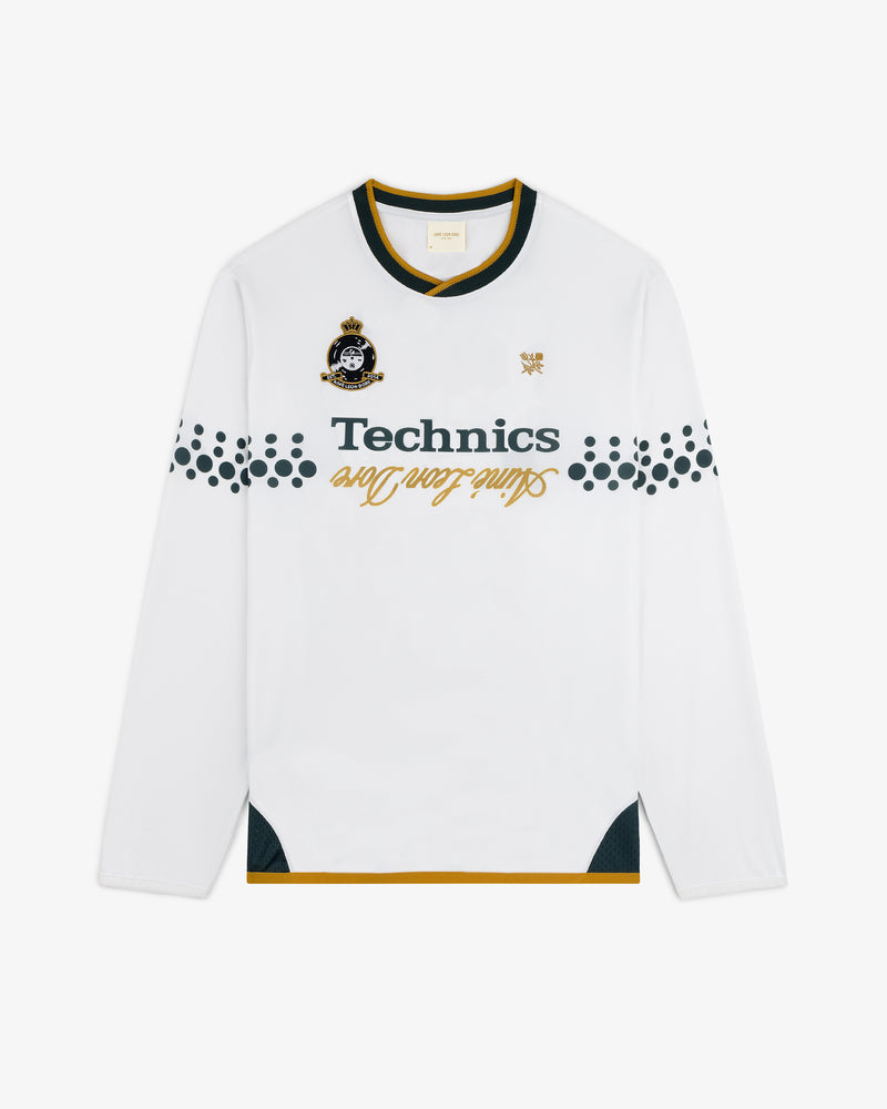 ALD / Technics Soccer Jersey: white long-sleeve with black & gold details, Technics text, and left chest crest.