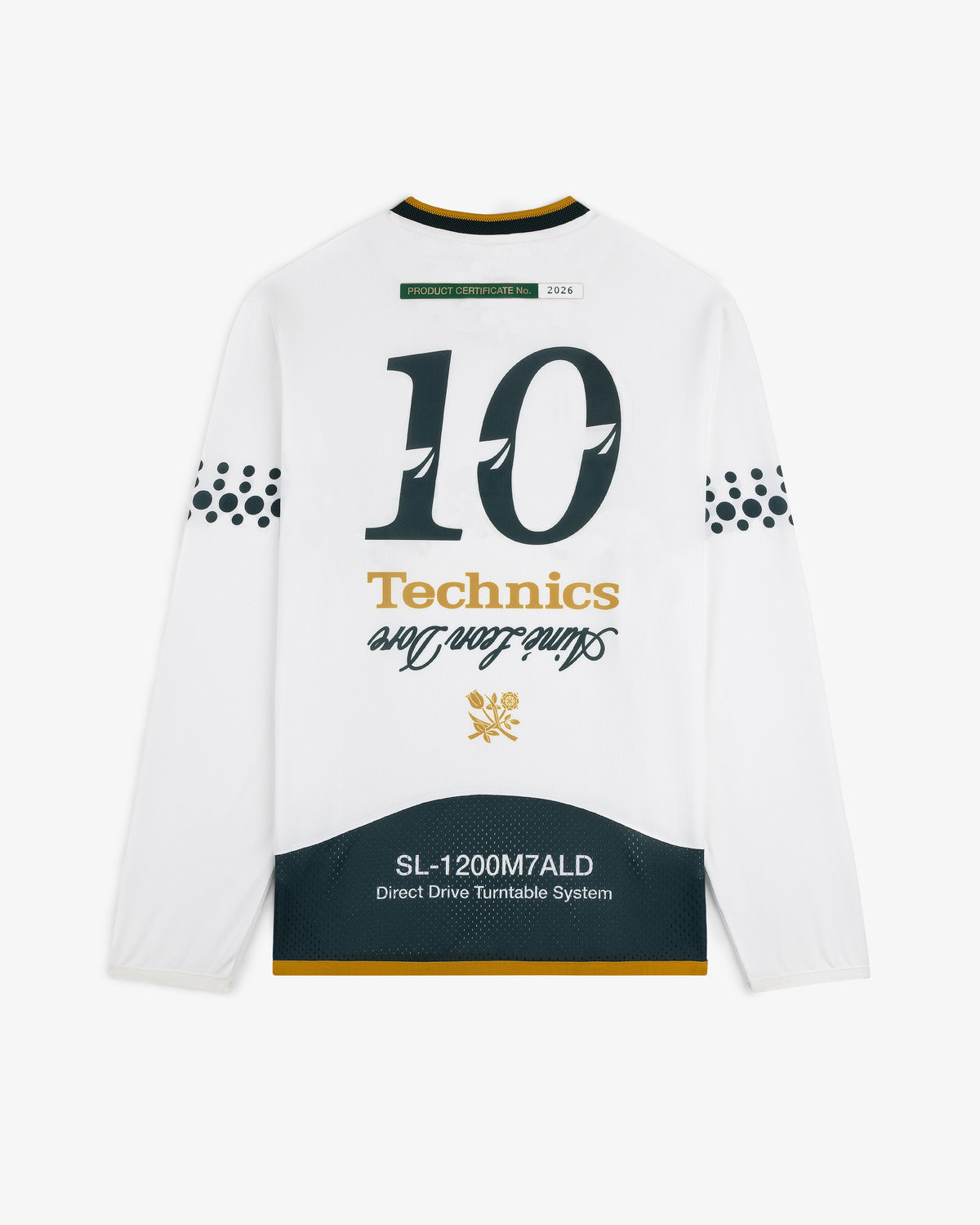 ALD / Technics Soccer Jersey: White long-sleeve with 10, graphic text, and black & gold accents on the back.