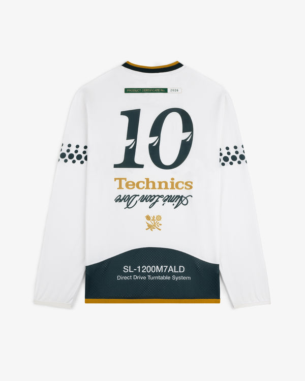 ALD / Technics Soccer Jersey: White long-sleeve with 10, graphic text, and black & gold accents on the back.