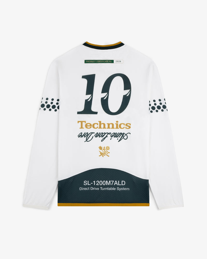 ALD / Technics Soccer Jersey: White long-sleeve with 10, graphic text, and black & gold accents on the back.