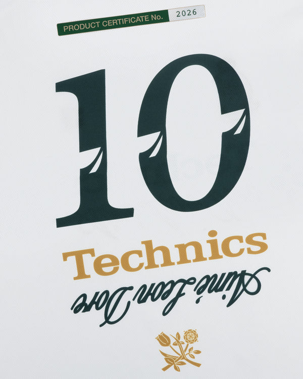 Large 10 with Technics below, cursive "Write from Love" and flowers; ALD / Technics Soccer Jersey, cert. No. 2026 above.