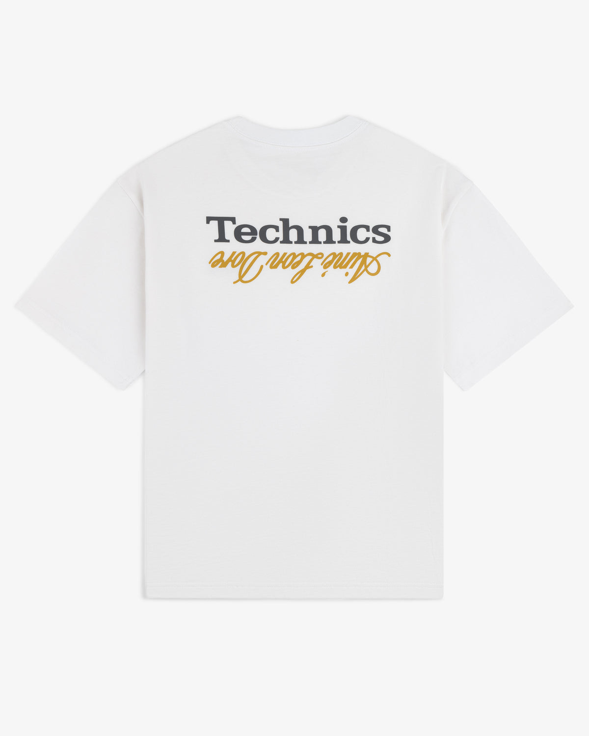 ALD / Technics Logo Tee with “Technics” and “saving lives” printed upside down in black and yellow on the back.