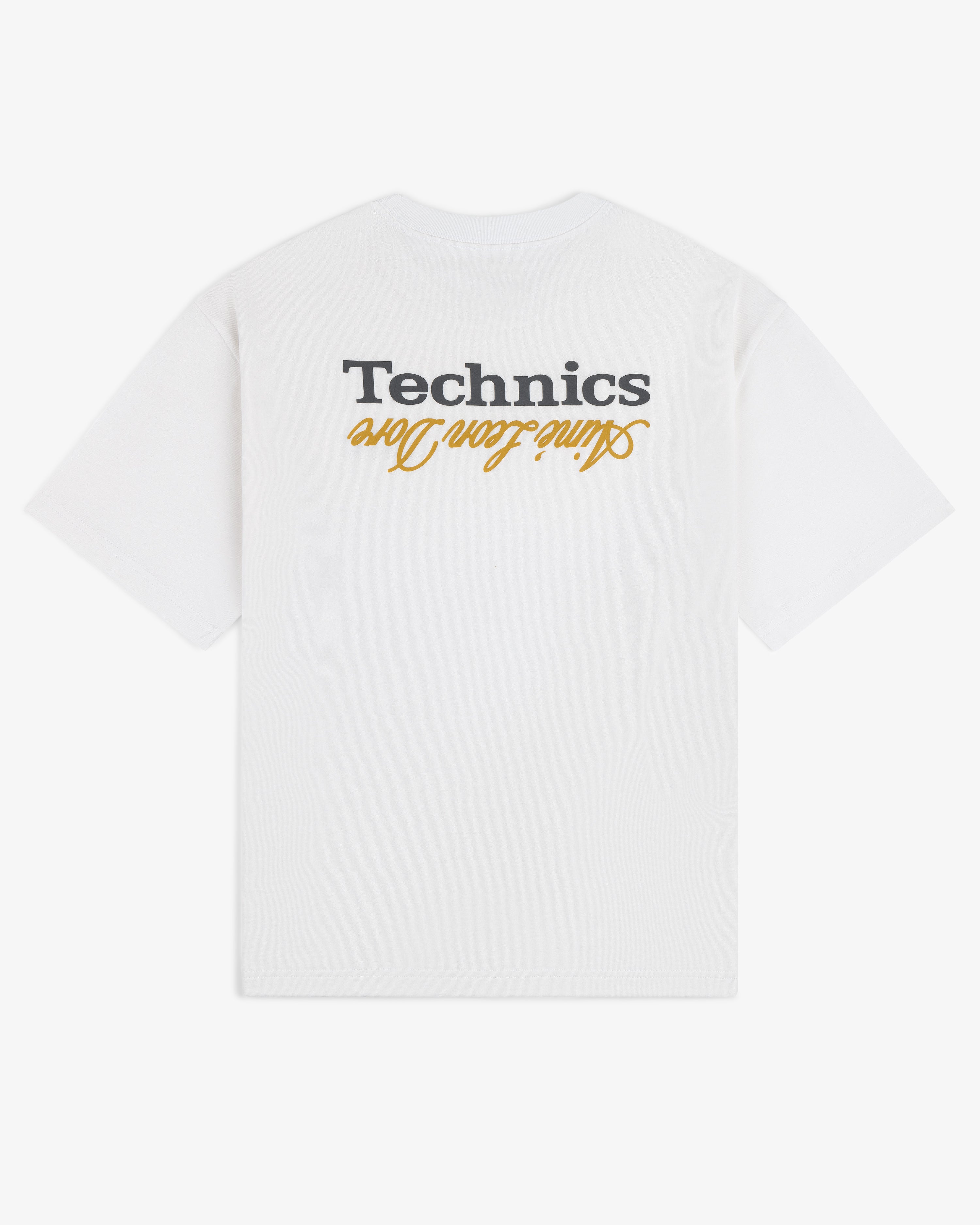 ALD / Technics Logo Tee with “Technics” and “saving lives” printed upside down in black and yellow on the back.