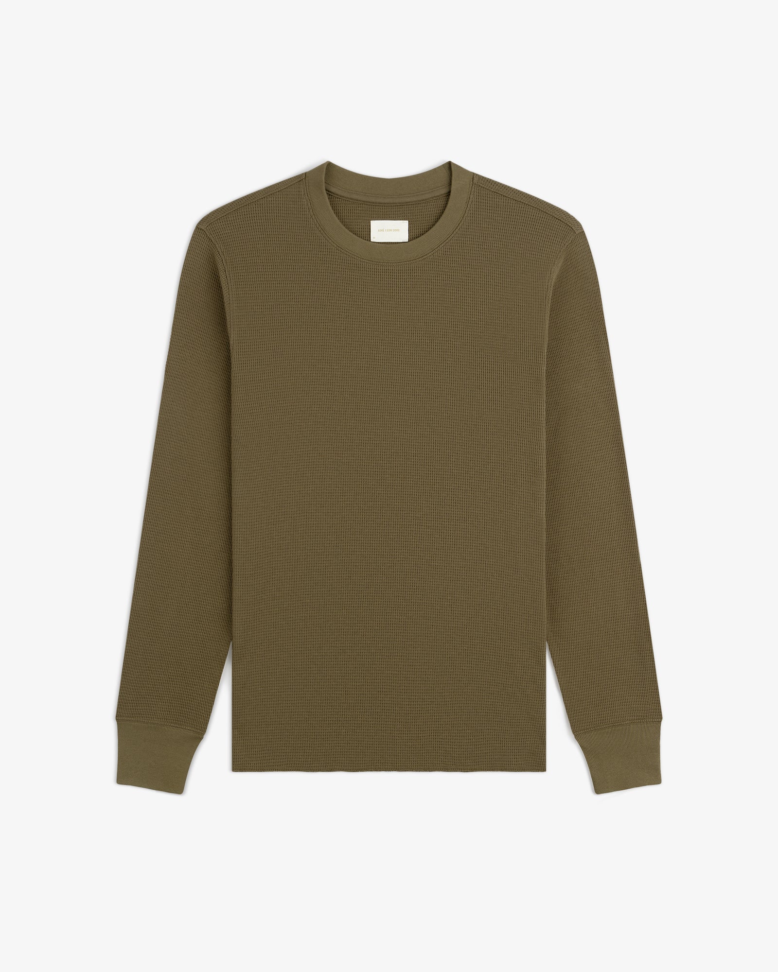 Olive green Long-Sleeve Waffle Thermal with crew neck, laid flat on a white background.