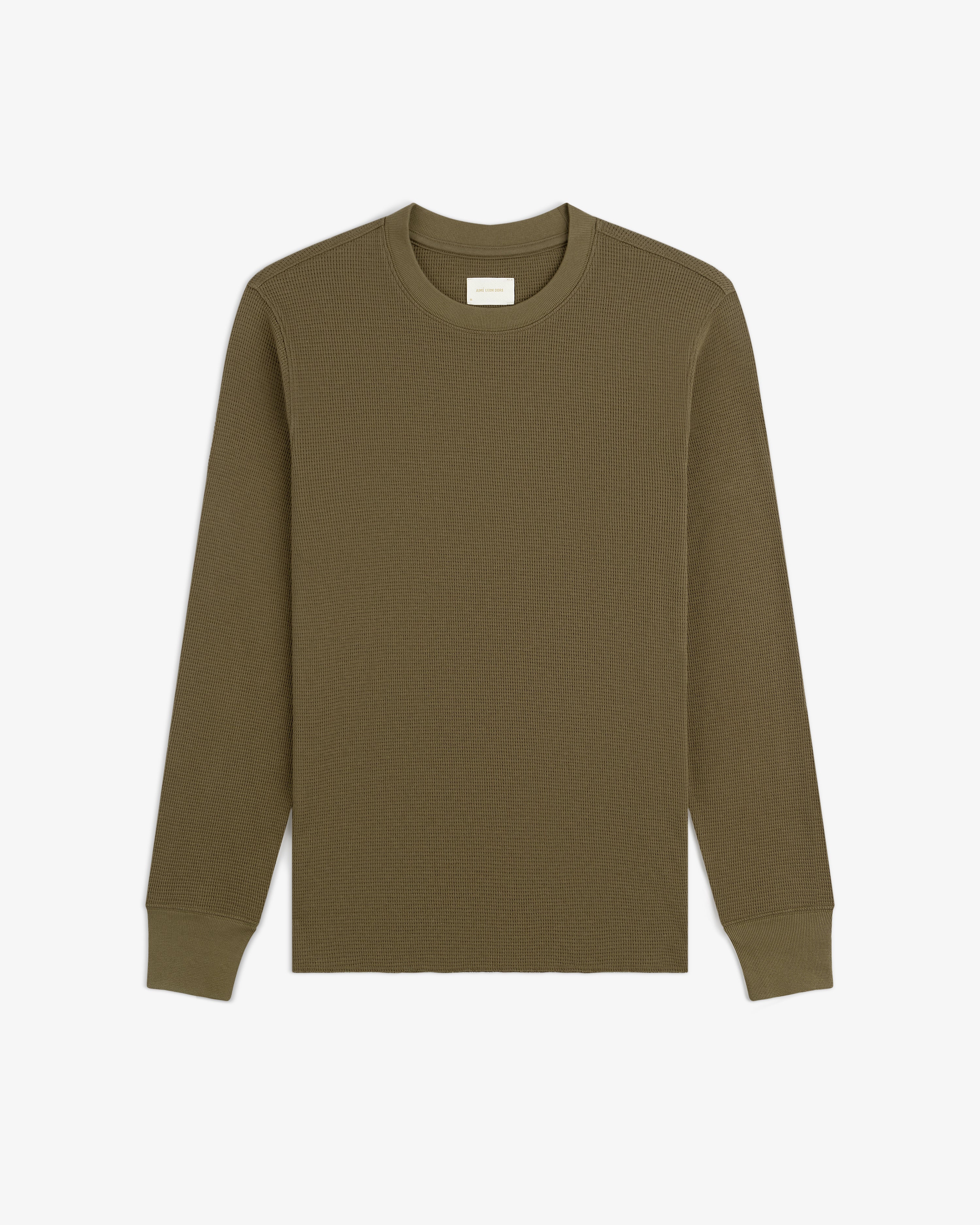 Olive green Long-Sleeve Waffle Thermal with crew neck, laid flat on a white background.