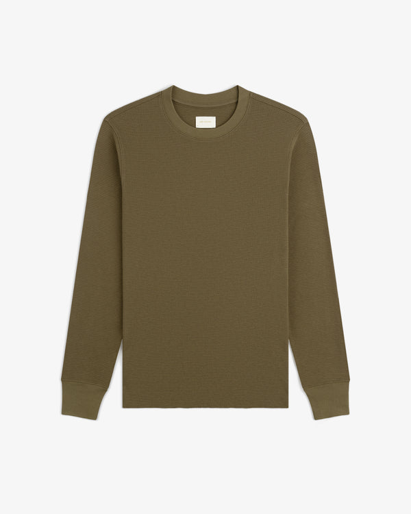 Olive green Long-Sleeve Waffle Thermal with crew neck, laid flat on a white background.