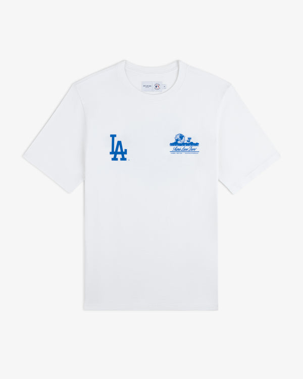 ALD / LA Dodgers Unisphere Tee: White t-shirt with blue LA logo and small blue graphic text on left chest.