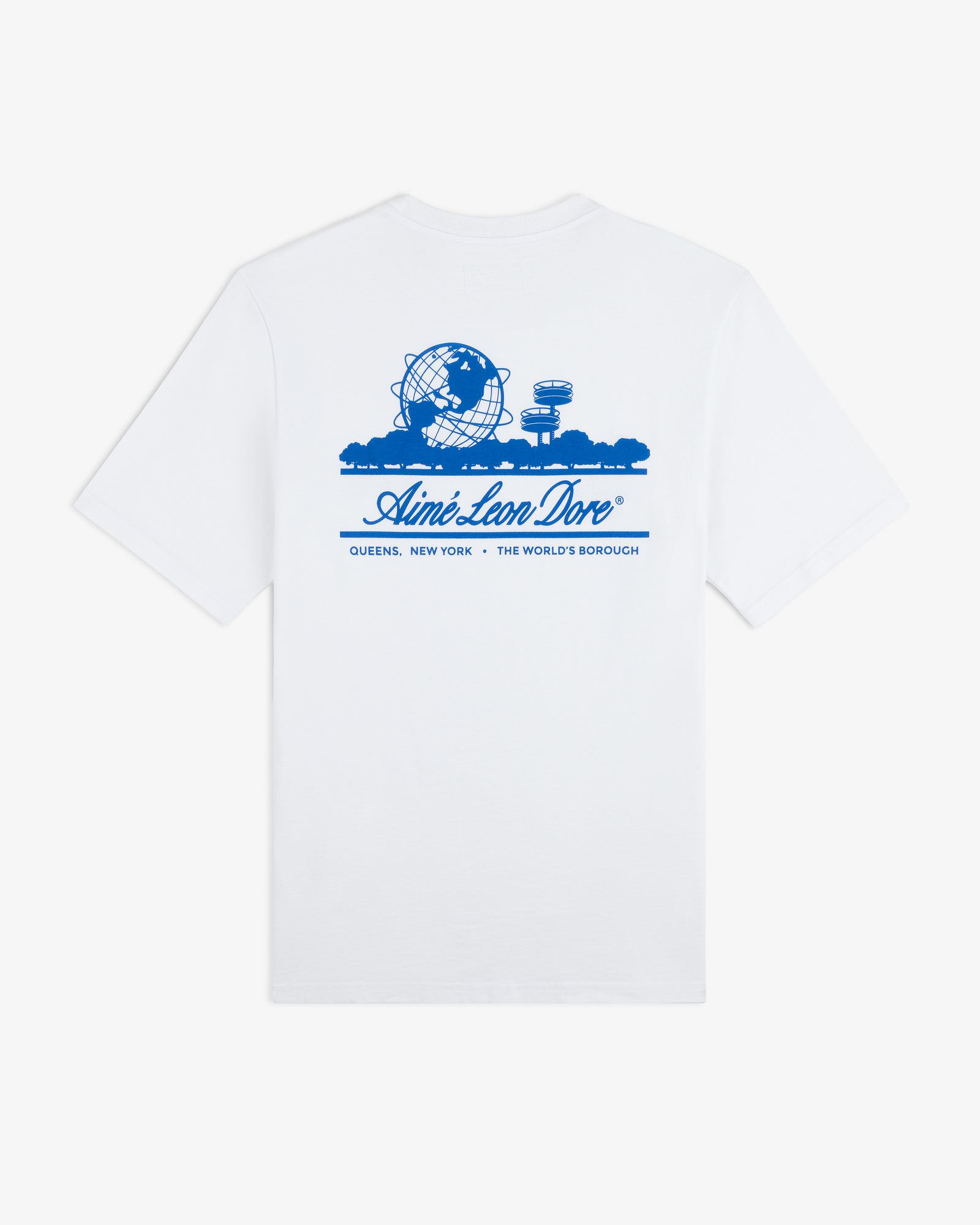 ALD / LA Dodgers Unisphere Tee: White tee with blue New York landmarks graphic and “Aimé Leon Dore” on back.