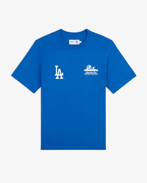 ALD / LA Dodgers Unisphere Tee: Blue short-sleeve with white LA logo and small graphic text on left chest.