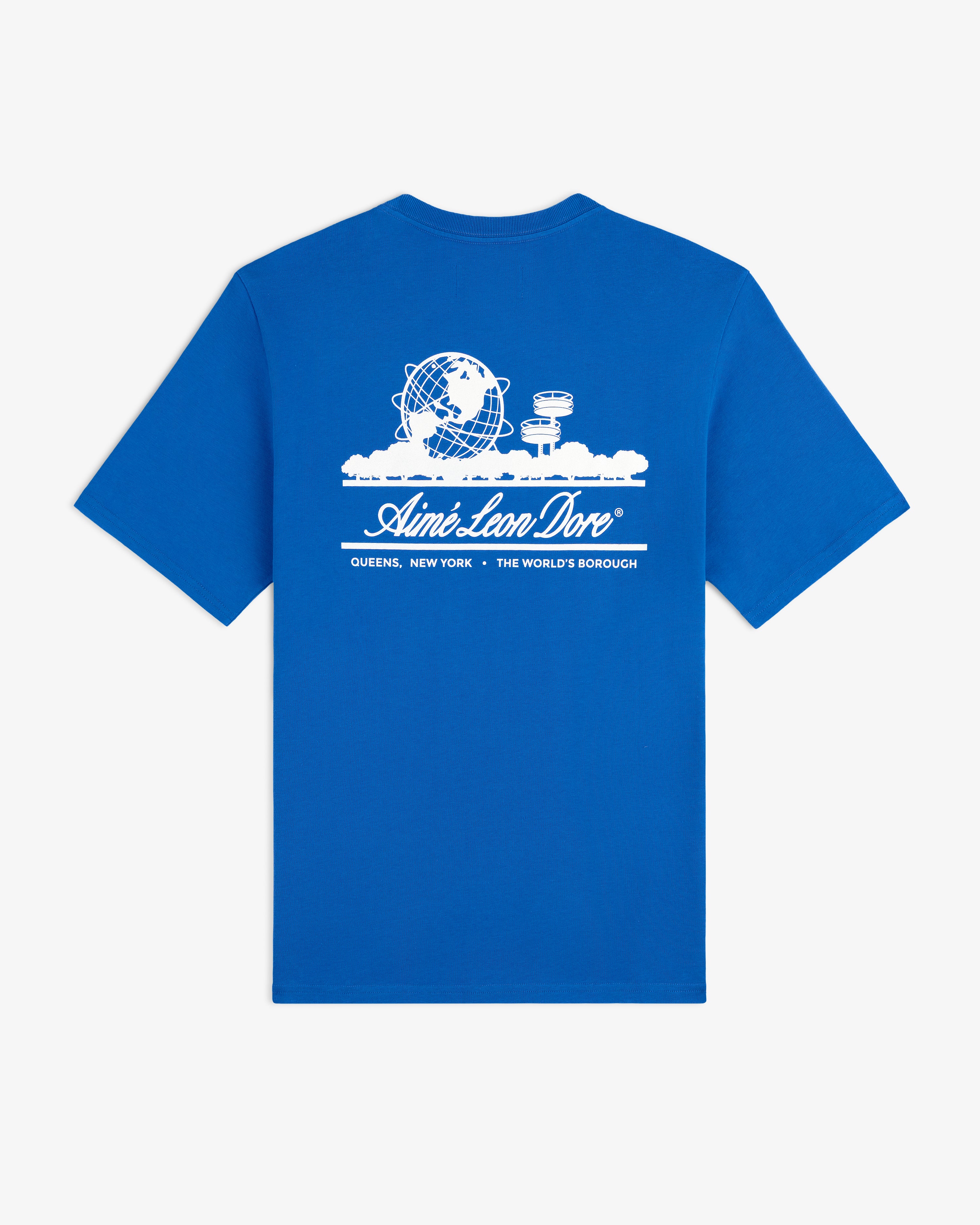 ALD / LA Dodgers Unisphere Tee: Blue tee with white globe, buildings, and Aimé Leon Dore text graphic on back.