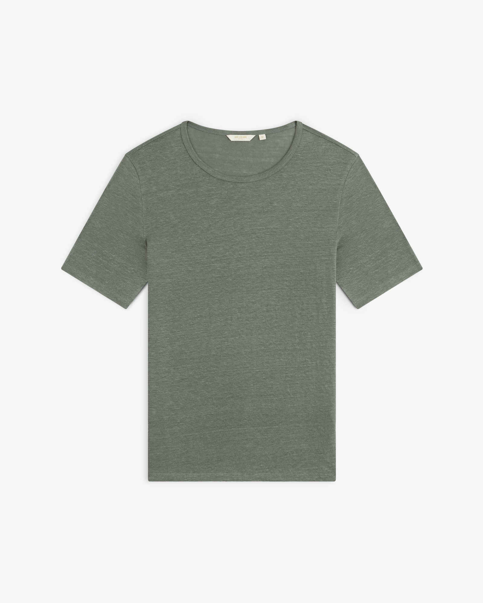 Linen Tee—short-sleeve, crew neck in heathered olive green, shown flat on a white background.