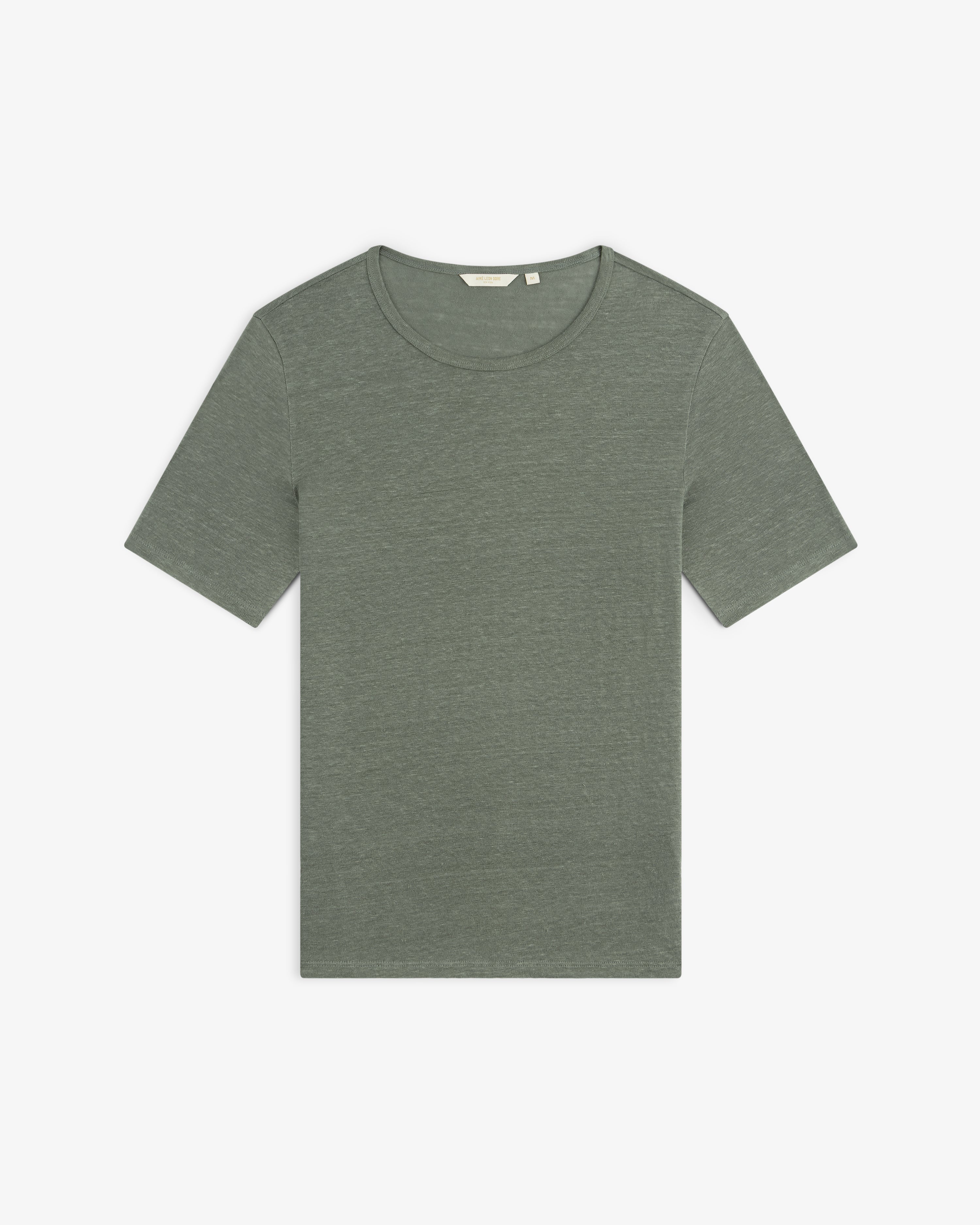 Linen Tee—short-sleeve, crew neck in heathered olive green, shown flat on a white background.
