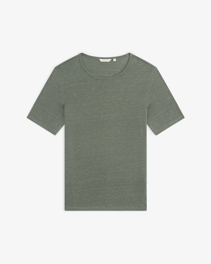 Linen Tee—short-sleeve, crew neck in heathered olive green, shown flat on a white background.