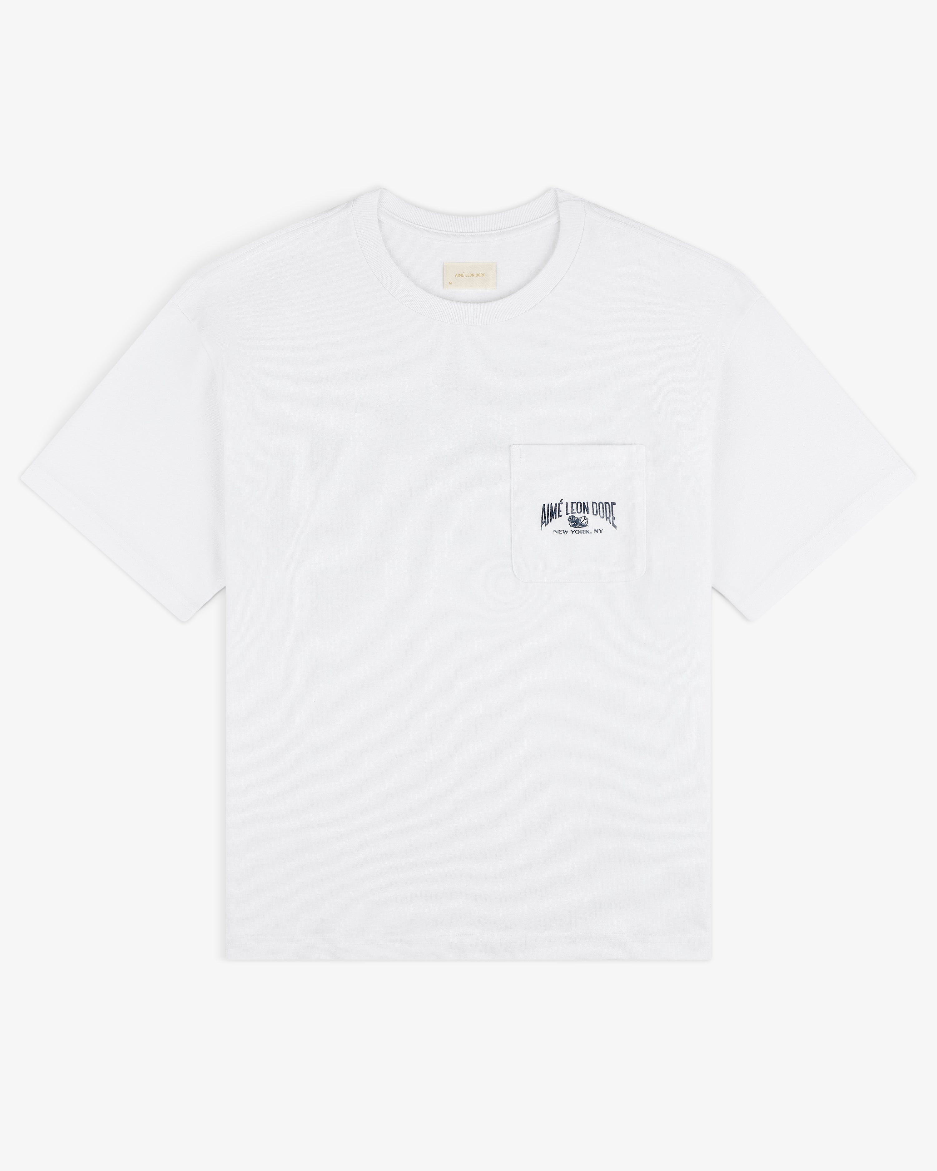Neighborhood Pocket Tee: White short-sleeve shirt with a chest pocket and small black printed text and graphic design.