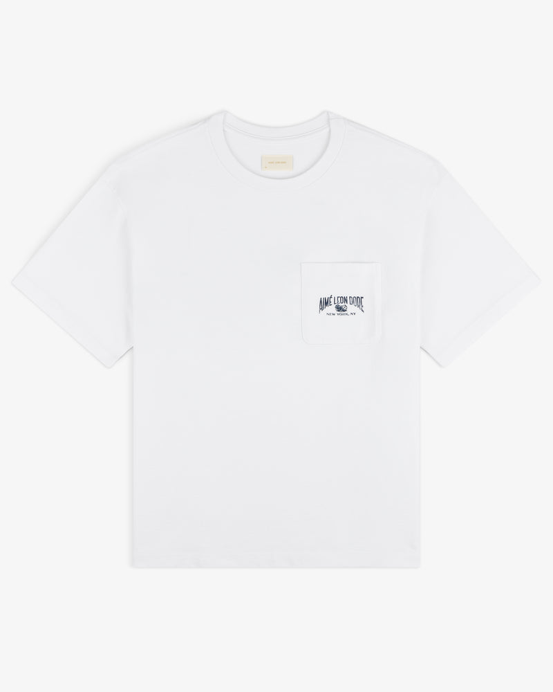 Neighborhood Pocket Tee: White short-sleeve shirt with a chest pocket and small black printed text and graphic design.