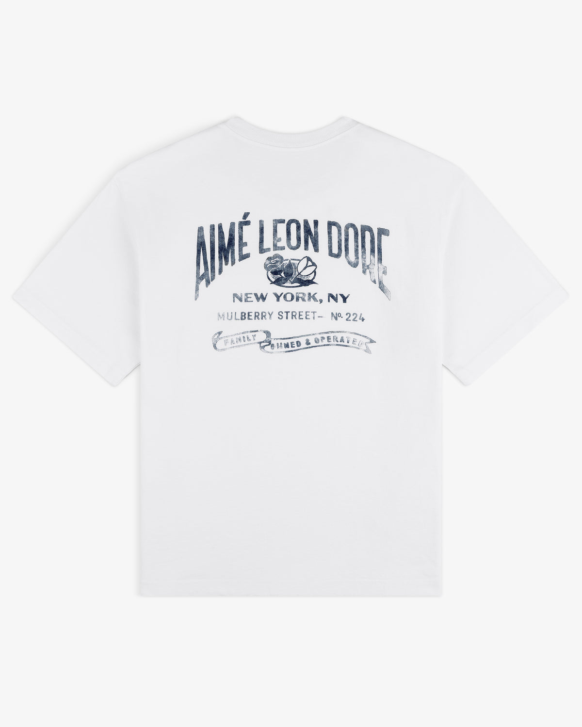 Neighborhood Pocket Tee featuring Aimé Leon Dore New York, NY and blue decorative text printed on the back.