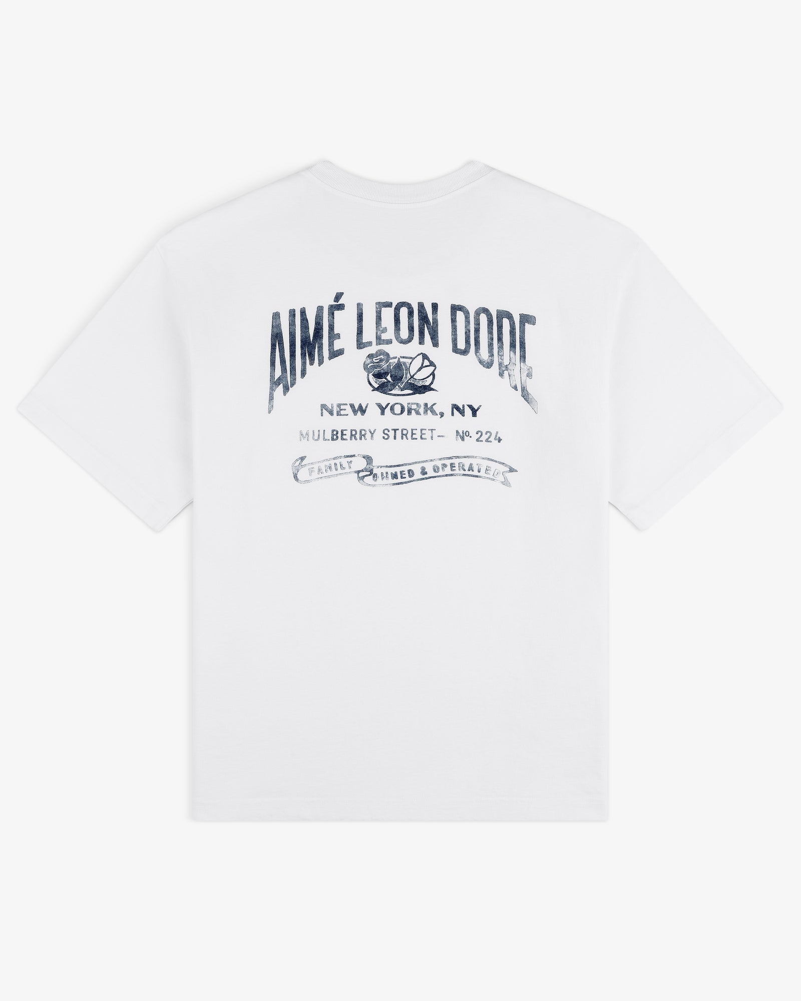 Neighborhood Pocket Tee featuring Aimé Leon Dore New York, NY and blue decorative text printed on the back.