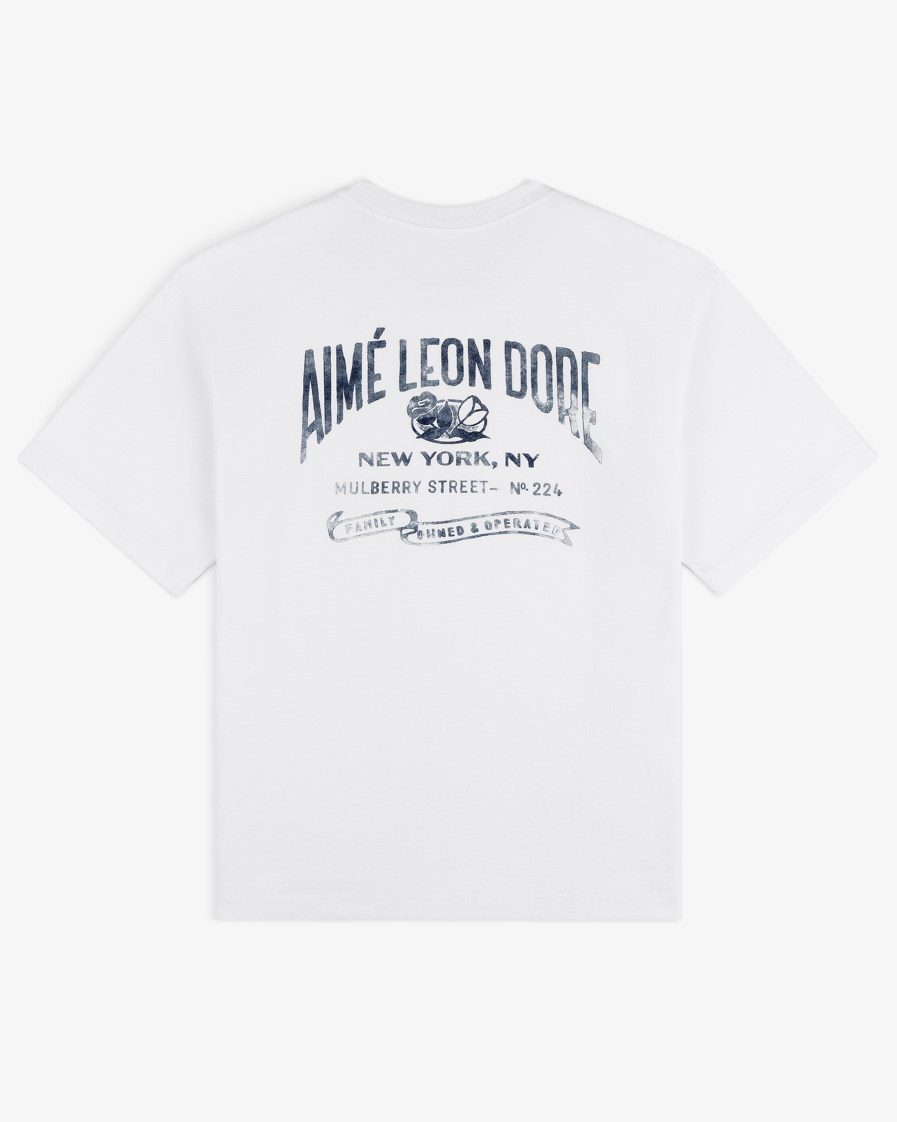 Neighborhood Pocket Tee featuring Aimé Leon Dore New York, NY and blue decorative text printed on the back.