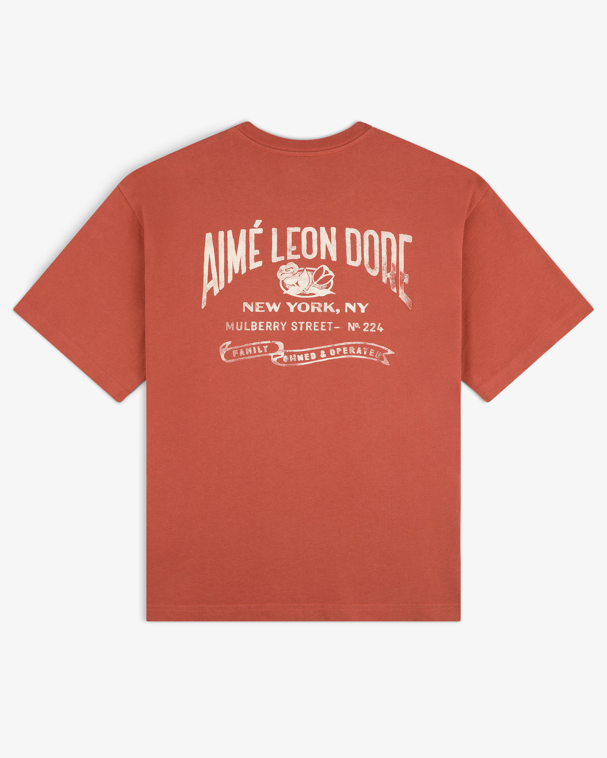 Rust Neighborhood Pocket Tee with vintage white Aimé Leon Dore graphic and New York address on the back.