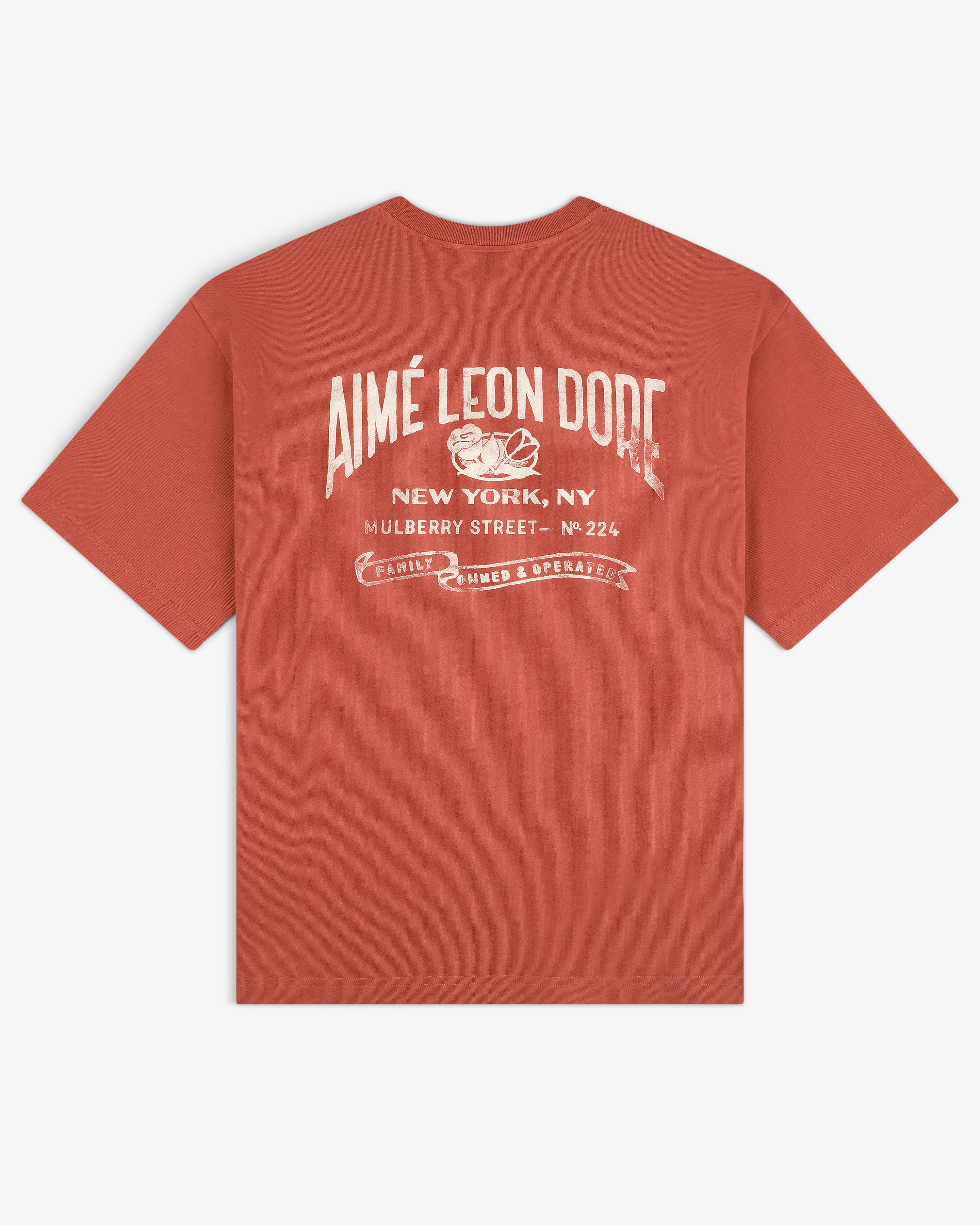 Rust Neighborhood Pocket Tee with vintage white Aimé Leon Dore graphic and New York address on the back.
