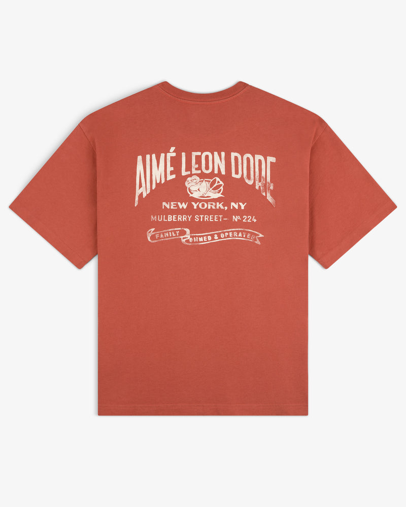 Rust Neighborhood Pocket Tee with vintage white Aimé Leon Dore graphic and New York address on the back.