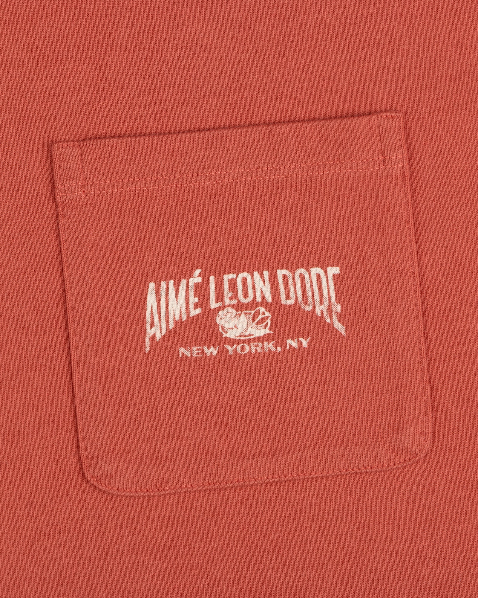 Neighborhood Pocket Tee in red features a pocket with white "Aimé Leon Dore New York, NY" text and a small logo above.