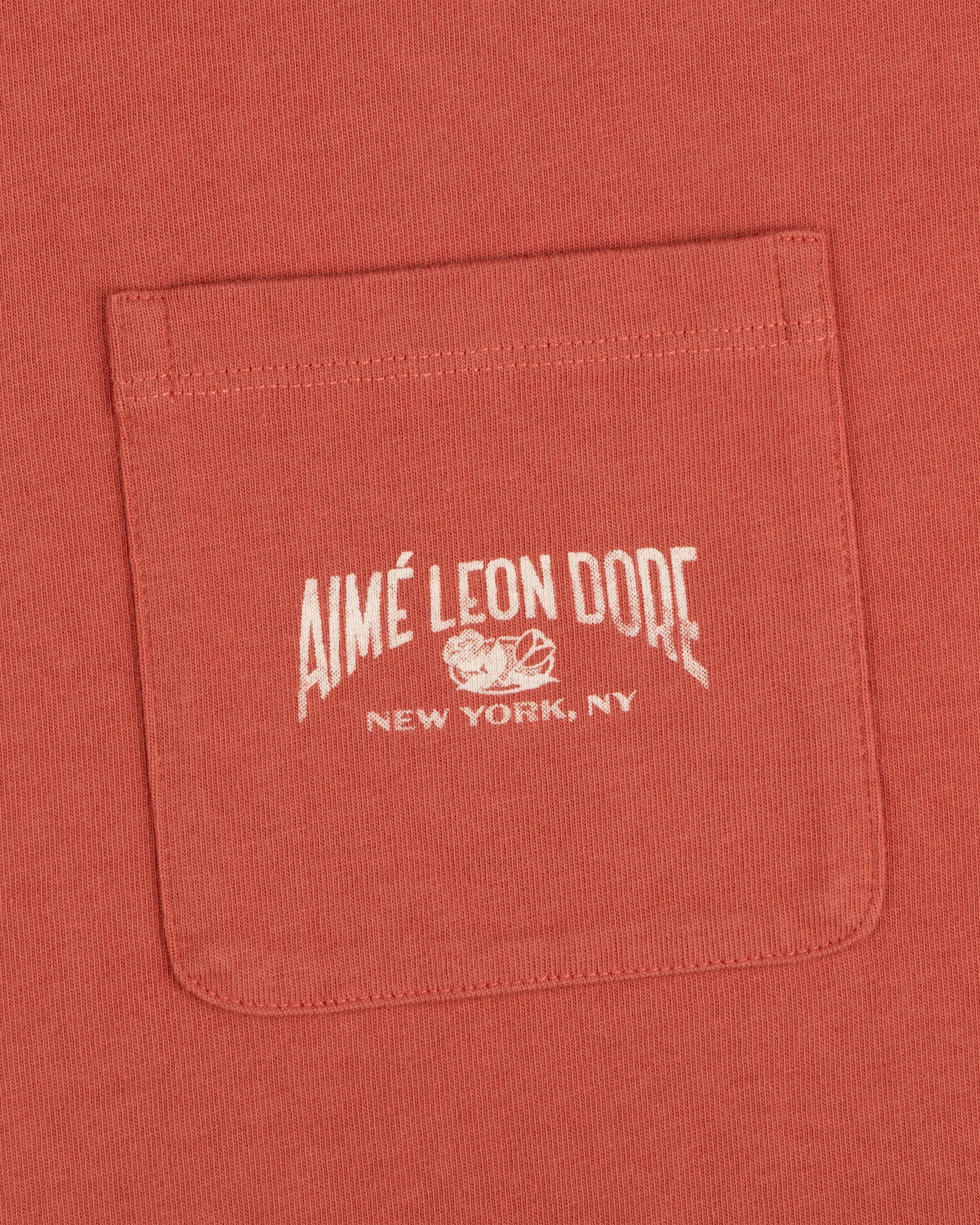 Neighborhood Pocket Tee in red features a pocket with white "Aimé Leon Dore New York, NY" text and a small logo above.