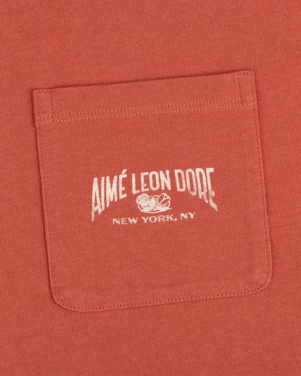 Neighborhood Pocket Tee in red features a pocket with white "Aimé Leon Dore New York, NY" text and a small logo above.