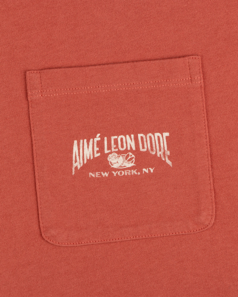Neighborhood Pocket Tee in red features a pocket with white "Aimé Leon Dore New York, NY" text and a small logo above.