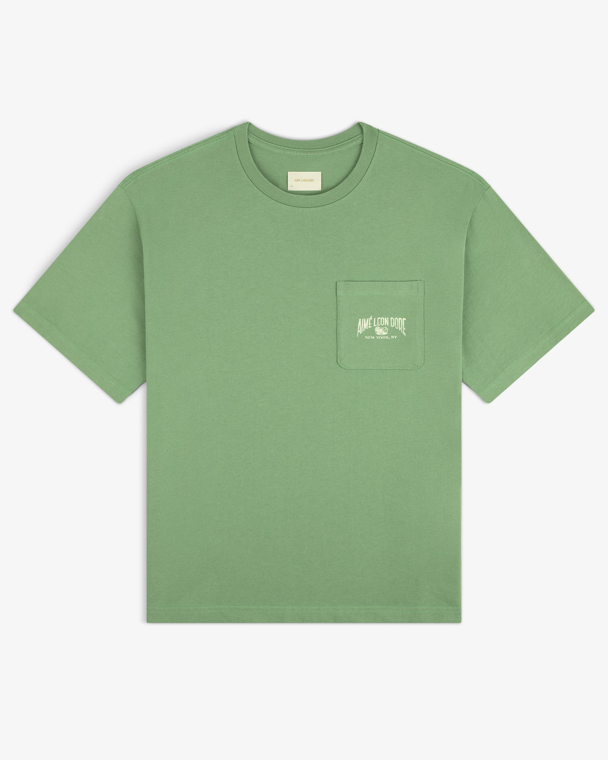 Neighborhood Pocket Tee: green short-sleeve shirt with chest pocket and small white text on the pocket.
