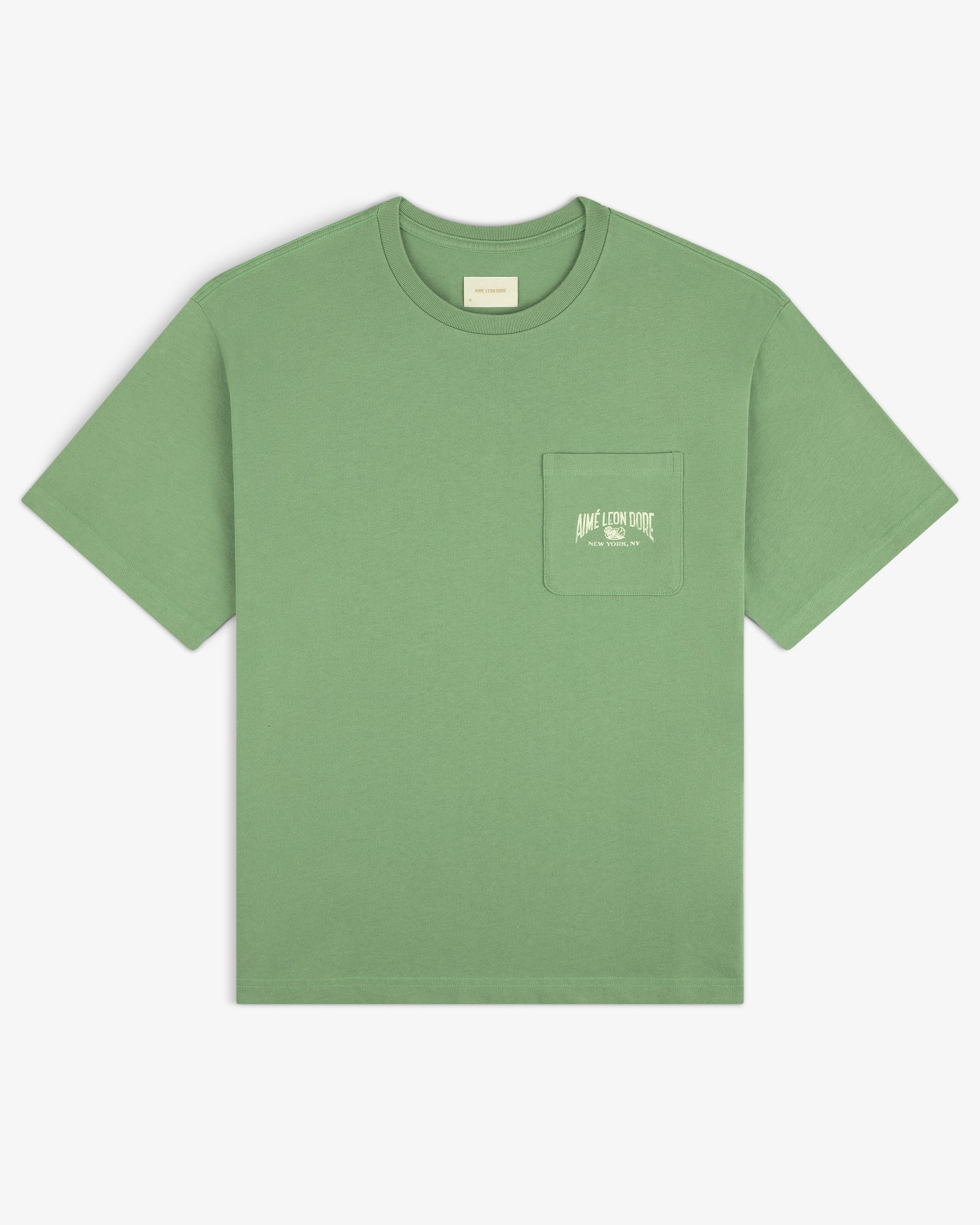 Neighborhood Pocket Tee: green short-sleeve shirt with chest pocket and small white text on the pocket.
