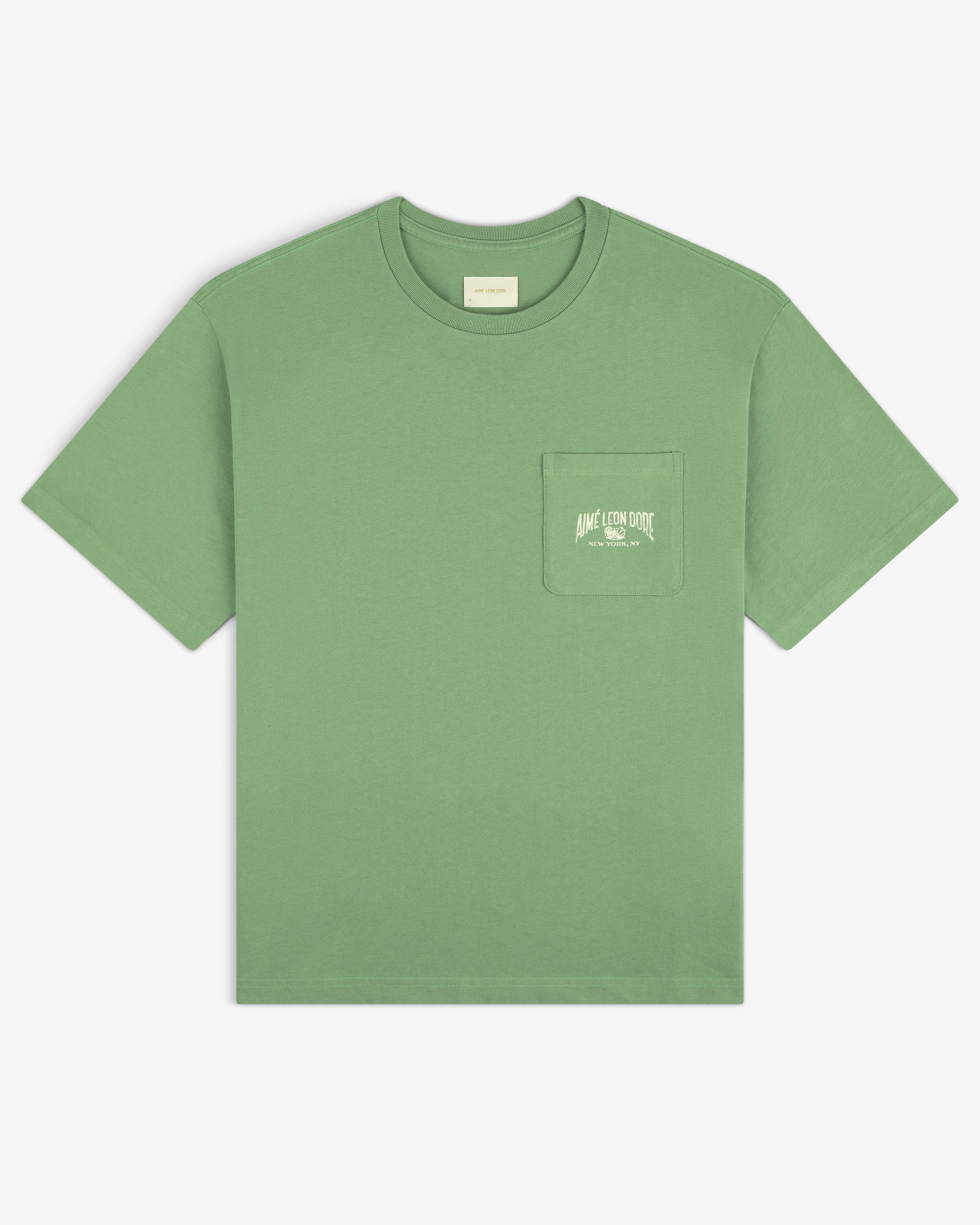 Neighborhood Pocket Tee: green short-sleeve shirt with chest pocket and small white text on the pocket.
