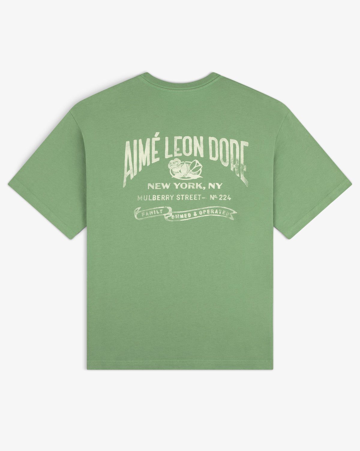 Neighborhood Pocket Tee featuring “Aimé Leon Dore New York, NY Mulberry Street” graphic text in white on the back.